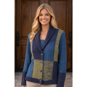 Vintage Patchwork Knit Cardigan Allison Daley Shawl Collar Quiet Luxury Boho L